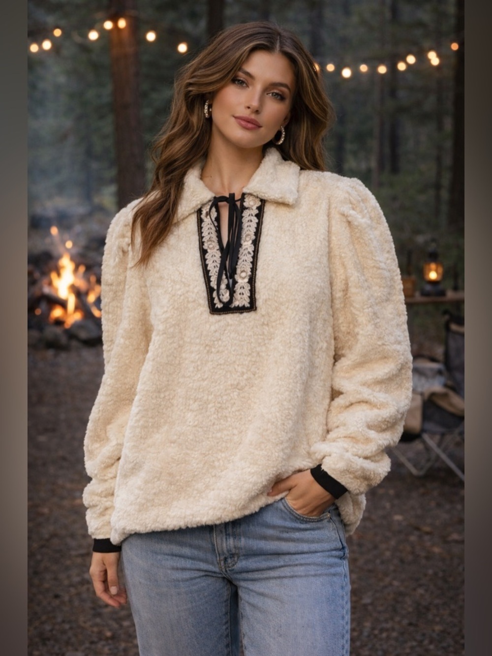 Alix of Bohemia Loretta Teddy Pullover Cream Lace Up Boho Size M